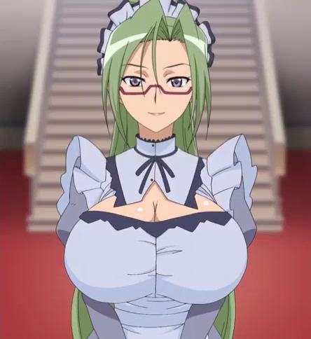 1girl anime bangs big_breasts blue_clothes breasts busty cleavage cleavage_cutout glasses green_hair hair_between_eyes hanyuu_mizuki hentai huge_breasts large_breasts long_hair looking_at_viewer maid maid_headdress megane night_of_the_vampires outside purple_eyes red-framed_glasses semi-rimless_glasses smile under-rim_glasses vampire_(hentai_ova) vampire_(ova)