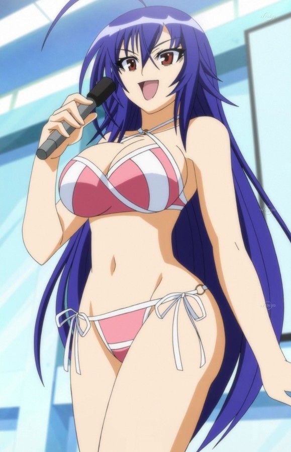 1girl :d anime babe big_breasts bikini blue_hair breasts brown_eyes criss-cross_halter kurokami_medaka long_hair medaka_box medaka_kurokami microphone open_mouth side-tie_bikini smile swimsuit