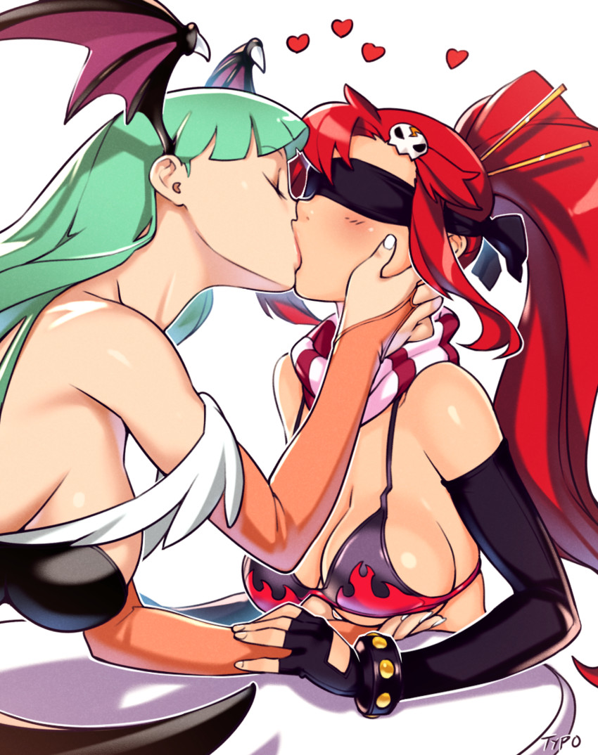 2_girls 2girls anime blindfold capcom closed_eyes darkstalkers female female/female female_only french_kiss grabbing_breasts green_hair heart kissing morrigan_aensland red_hair saliva tengen_toppa_gurren-lagann yoko_littner yuri