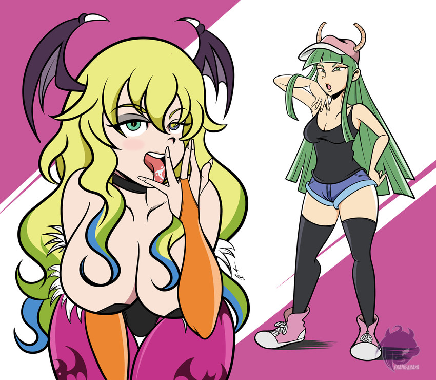 2_girls anime blonde_hair breasts capcom crossover green_hair large_breasts miss_kobayashi's_dragon_maid morrigan_aensland multiple_girls