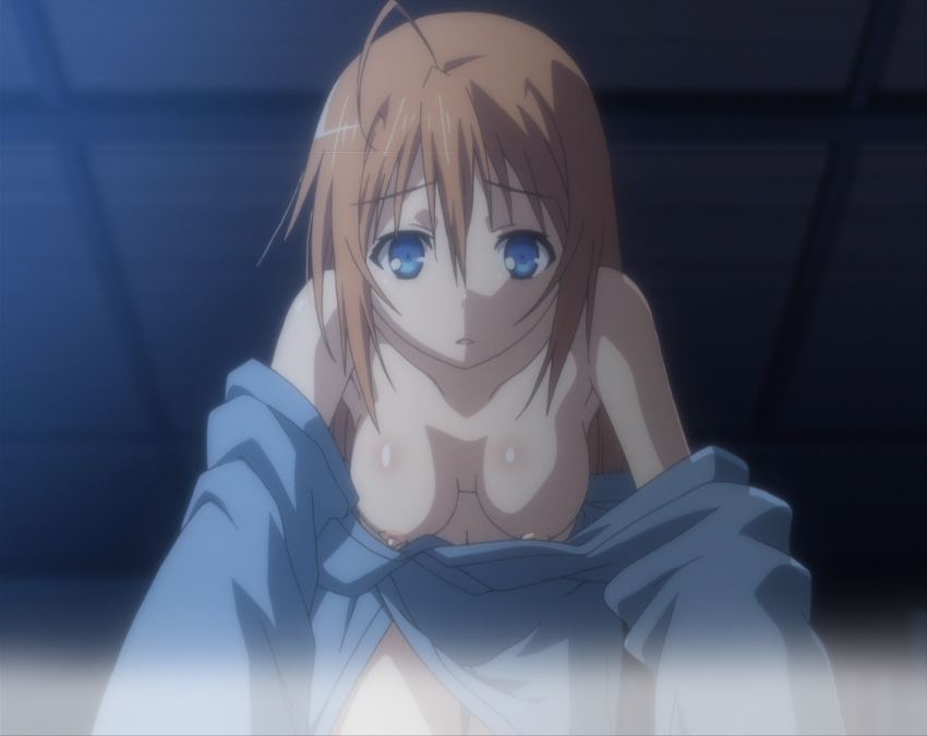 anime areola blue_eyes breasts feel_(company) hanging_breasts high_resolution kawamura_kousuke kimono konoe_subaru looking_at_viewer mayo_chiki! nipples open_clothes orange_hair screen_capture stitched wafuku yukata