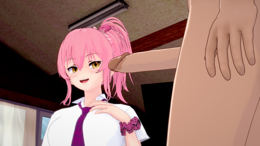 16:9 1boy1girl 1girl1boy anime blush classroom clothed_female hentai idolmaster indoors jougasaki_mika light-skinned light-skinned_female light_skin looking_at_penis looking_pleasured open_eyes open_mouth penis penis_tip pink_hair ponytail teen yellow_eyes