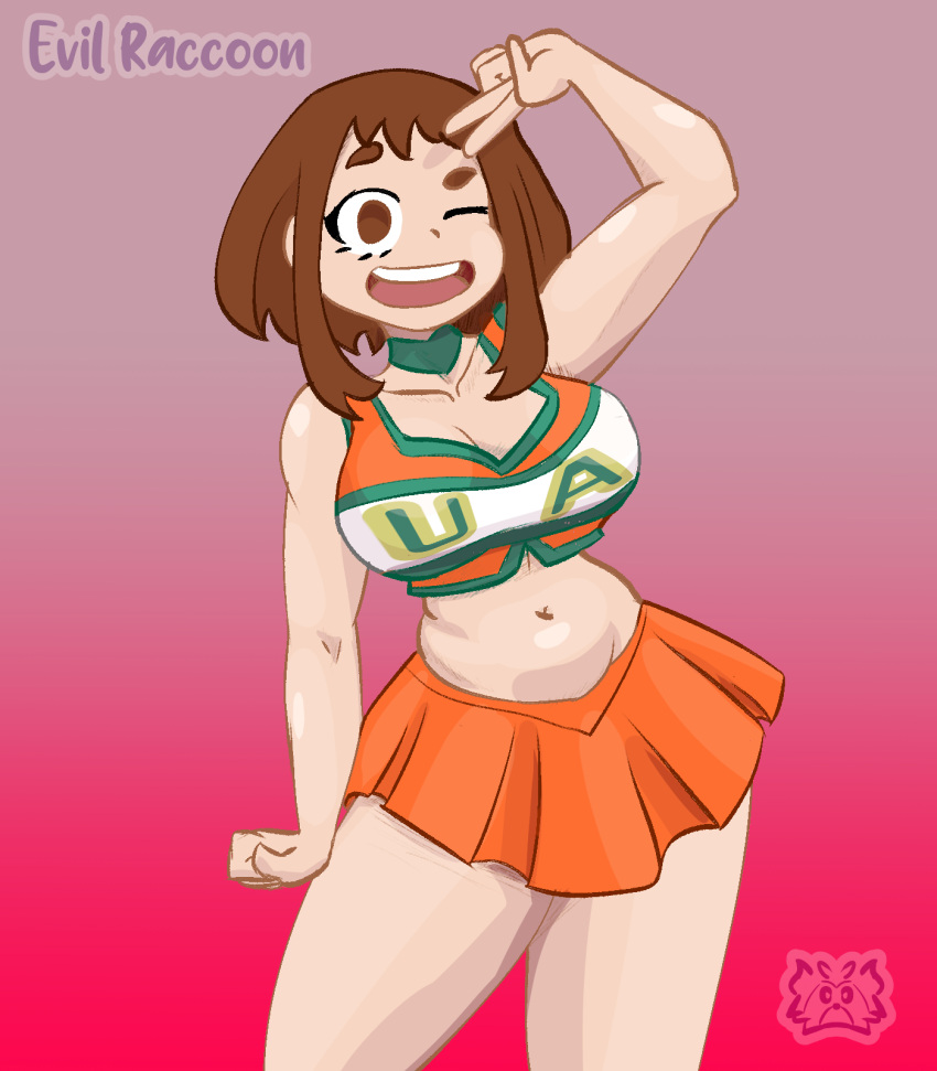 anime belly big_ass big_breasts boku_no_hero_academia brown_eyes brown_hair cheerleader chubby evil_raccoon my_hero_academia ochako_uraraka one_eye_closed peace_sign short_hair smile smiling_at_viewer thick thick_thighs uraraka_ochako white_skin