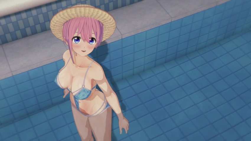 16:9 1girl 1girl 1girl 1girls anime bikini blue_bikini blush female_focus happy hentai in_water light-skinned light-skinned_female light_skin looking_at_viewer medium_hair nakano_ichika open_eyes partially_submerged solo_female solo_focus standing straw_hat teen