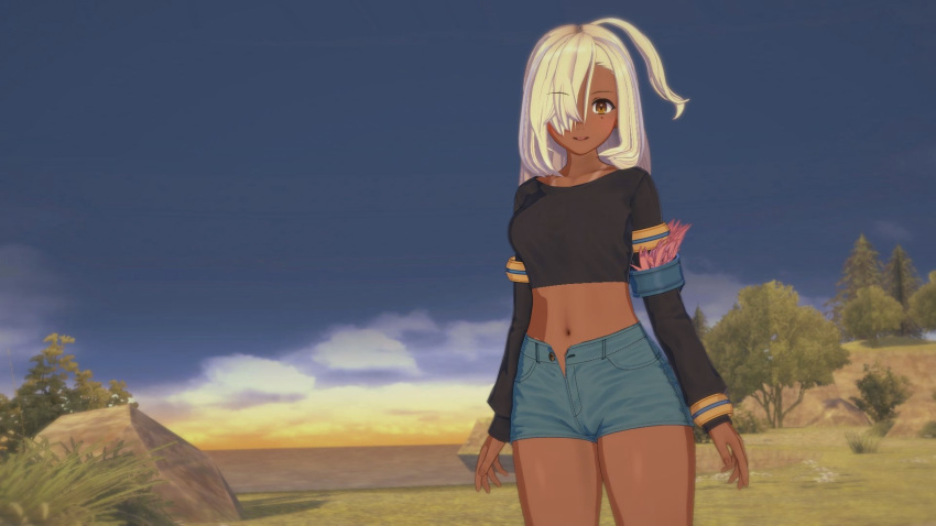 16:9 1girl 1girls anime before_sex belly belly_button black_shirt clothed dragalia_lost happy hentai long_hair looking_at_viewer looking_pleasured nadine nadine_(dragalia_lost) open_eyes open_mouth outside short_pants standing tanned tanned_skin teen