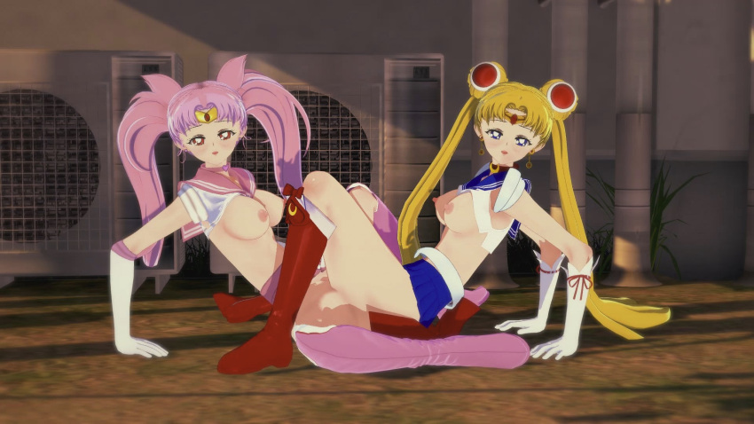 16:9 2_girls anime bishoujo_senshi_sailor_moon blonde blonde_hair blush breasts chibi_usa hentai light-skinned light-skinned_female light_skin looking_at_viewer looking_pleasured medium_breasts nipples outside partially_clothed pink_hair pink_shoes ponytails red_shoes sailor_chibi_moon sailor_moon sailor_uniform shoes skirt squinted_eyes teen usagi_tsukino yuri