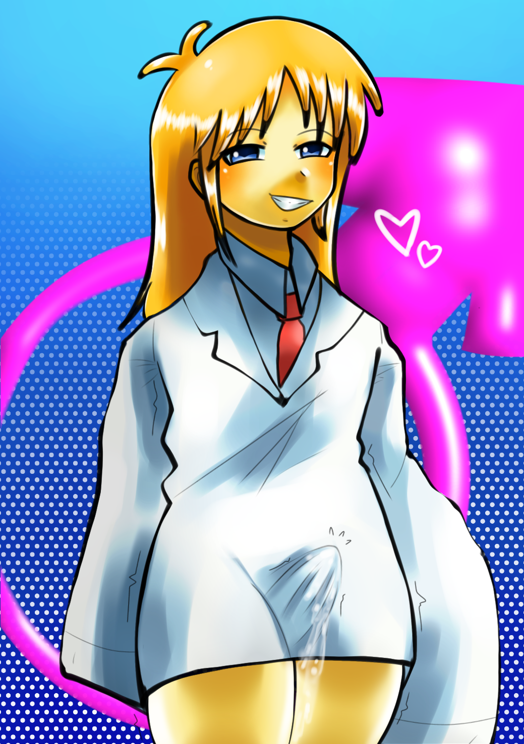 1boy adult aged_up anime artist_name blonde_hair blue_eyes boner coat cumming_penis erection_under_clothes femboy gender_bender genderbend genderswap genderswap_(ftm) long_hair long_hair_male nichijou otoko_no_ko otokonoko professor_shinonome tight tight_fit tights tokosamq trap