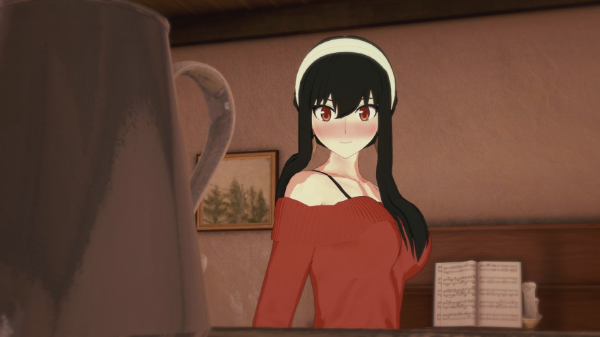 1girl anime before_sex big_breasts black_hair breasts clothed female_focus happy hentai indoors long_hair looking_at_viewer open_eyes room solo_focus spy_x_family standing yor_briar