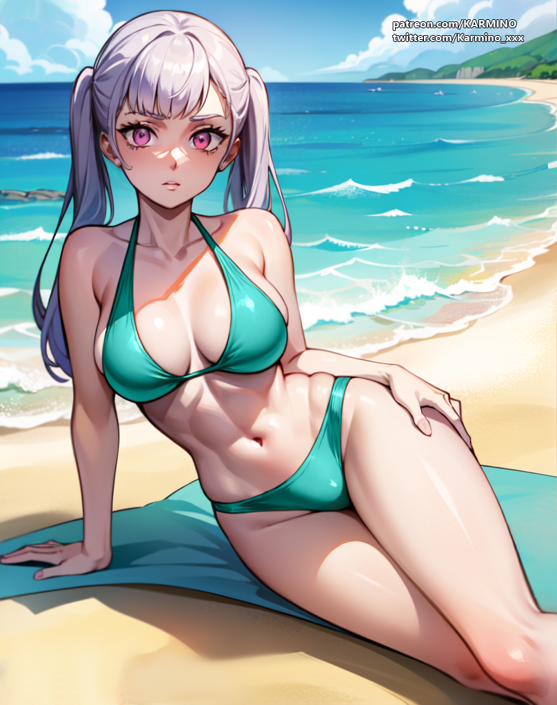 1girl 1girl ai_art ai_generated anime anime_style beach beach_background bikini black_clover green_bikini hentai medium_ass medium_breasts noelle_silva pink_eyes ponytail sexy_body silver_hair tanning white_skin