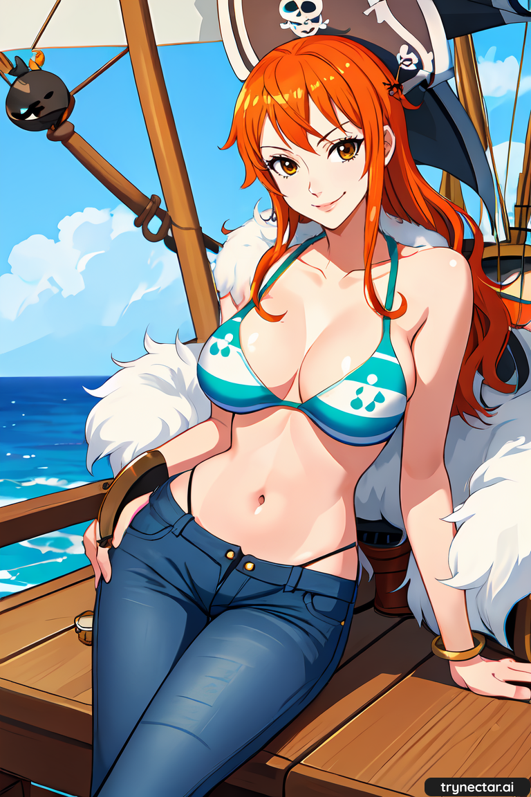 1girl ai_art ai_generated aiartcommunity aigirl anime animewaifu breasts clothing female_only hentai nami nami_(one_piece) nsfw one_piece orange_hair piranha post-timeskip sea ship sky stable_diffusion stablediffusionwaifu trynectar.ai