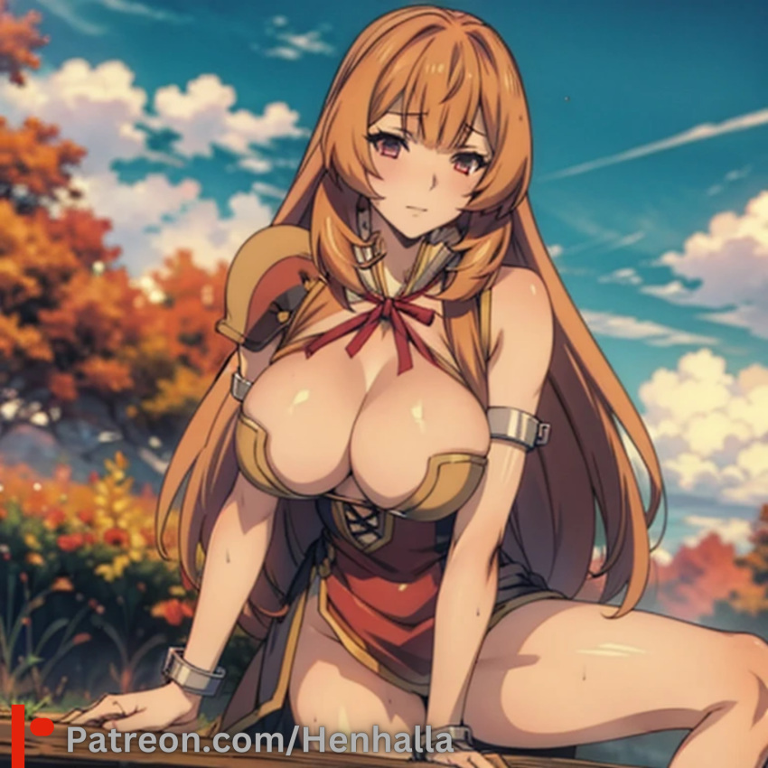 anime anime_style big_breasts cute_face dress henhalla orange_hair raphtalia shy very_long_hair very_shy