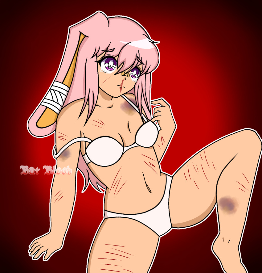 1girl 1girl 2000s anime anime_girl anime_style bandages bat_blood bra bra_strap bra_strap_down bruised bruises bunny_ears bunny_girl digital_drawing_(artwork) digital_media_(artwork) legs_apart legs_spread long_hair nosebleed panties pink_hair pretty_blood purple_eyes rina_pompom_(pretty_blood) scars scars_on_body tear tearing_up