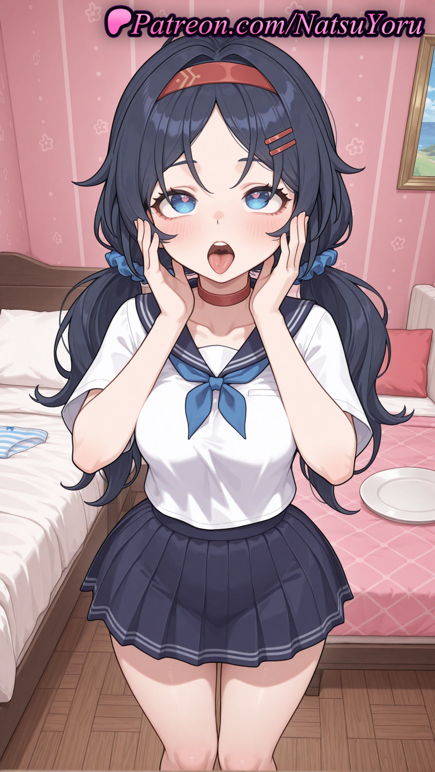 1girl 2025 ai_generated anime anime_style bangs bed bedroom big_breasts black_hair black_skirt blue_eyes blue_hair blue_neckerchief blue_skirt blush breasts bust choker clothing collarbone crazy_mita_(miside) female_focus female_only female_solo hair_ornament hair_scrunchie hairband hairclip hands_on_own_cheeks hands_on_own_face hands_up heart heart-shaped_pupils hentai high_quality high_res high_resolution indoors long_hair looking_at_viewer low_twintails medium_breasts miniskirt miside mita_(miside) natsuyoru neckerchief open_mouth oral_invitation panties patreon pillow plate pleated_skirt red_hairband sailor_collar sailor_uniform school_uniform scrunchie serafuku shirt short_sleeves skirt solo_female stable_diffusion striped striped_clothes striped_panties symbol-shaped_pupils teeth thighs tongue tongue_out twin_tails underwear unworn_panties voluptuous voluptuous_female white_shirt