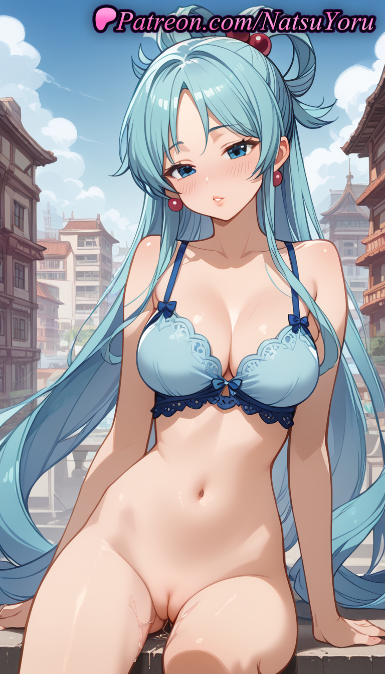 1girl 2025 ai_generated anime anime_style aqua_(konosuba) asian ass_visible_through_thighs bangs bare_arms bare_shoulders big_breasts blue_bra blue_eyes blue_hair blue_sky blush bottomless bow bow_bra bra breasts building bust cleavage cleft_of_venus collarbone day earrings female_focus female_only female_solo hair_bobbles hair_ornament hair_rings hentai high_quality high_res high_resolution jewelry kono_subarashii_sekai_ni_shukufuku_wo! labia lace-trimmed_bra long_hair looking_at_viewer natsuyoru navel outside parted_bangs parted_lips patreon public_indecency pussy pussy_juice sitting sky solo_female stable_diffusion stomach thighs uncensored underwear underwear_only very_long_hair voluptuous voluptuous_female