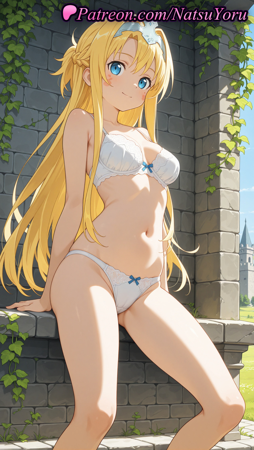 1girl 1girl 1girls 2025 ai ai_assisted ai_generated alice_schuberg alice_synthesis_thirty anime anime_style asian ass_visible_through_thighs bangs bare_arms bare_legs bare_shoulders big_breasts blonde_hair blue_eyes blush bow bow_bra bow_panties bra braid breasts brick_wall bust cameltoe castle cleavage closed_mouth collarbone day feet_out_of_frame female_focus female_only french_braid hairband hentai high_quality high_res high_res high_resolution long_hair looking_at_viewer medium_breasts natsuyoru navel outside panties panties patreon sitting sky smile solo_female stable_diffusion stomach stone_wall sword_art_online sword_art_online_alicization thighs underwear underwear_only very_long_hair voluptuous voluptuous_female white_bra white_panties