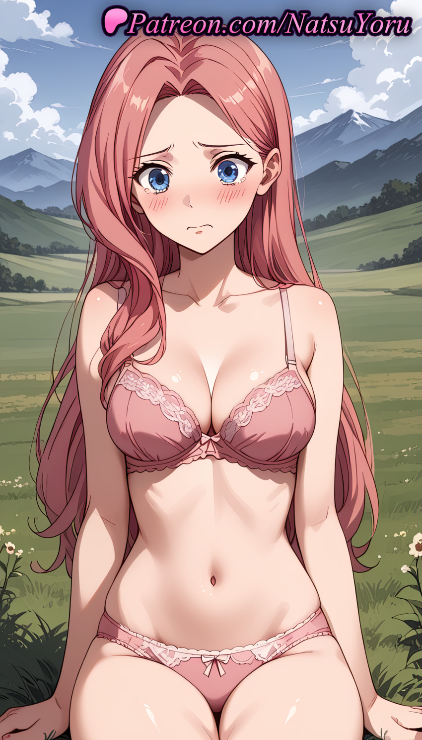 1girl 1girl 1girls 2025 ai ai_generated anime anime_style bare_arms bare_shoulders big_breasts big_breasts blue_eyes blue_sky blush bow bow_bra bow_panties bra breasts bust cleavage closed_mouth clothing cloud collarbone day eclair_seaetto embarrassed female_focus female_only field forehead frown grass hentai high_quality high_res high_res high_resolution long_hair looking_at_viewer medium_breasts mountain mountainous_horizon natsuyoru navel outside panties panties parted_bangs patreon pink_bra pink_hair pink_panties red_hair sitting sky solo_female stable_diffusion stomach tate_no_yuusha_no_nariagari tearing_up tears the_rising_of_the_shield_hero thighs underwear underwear_only voluptuous voluptuous_female