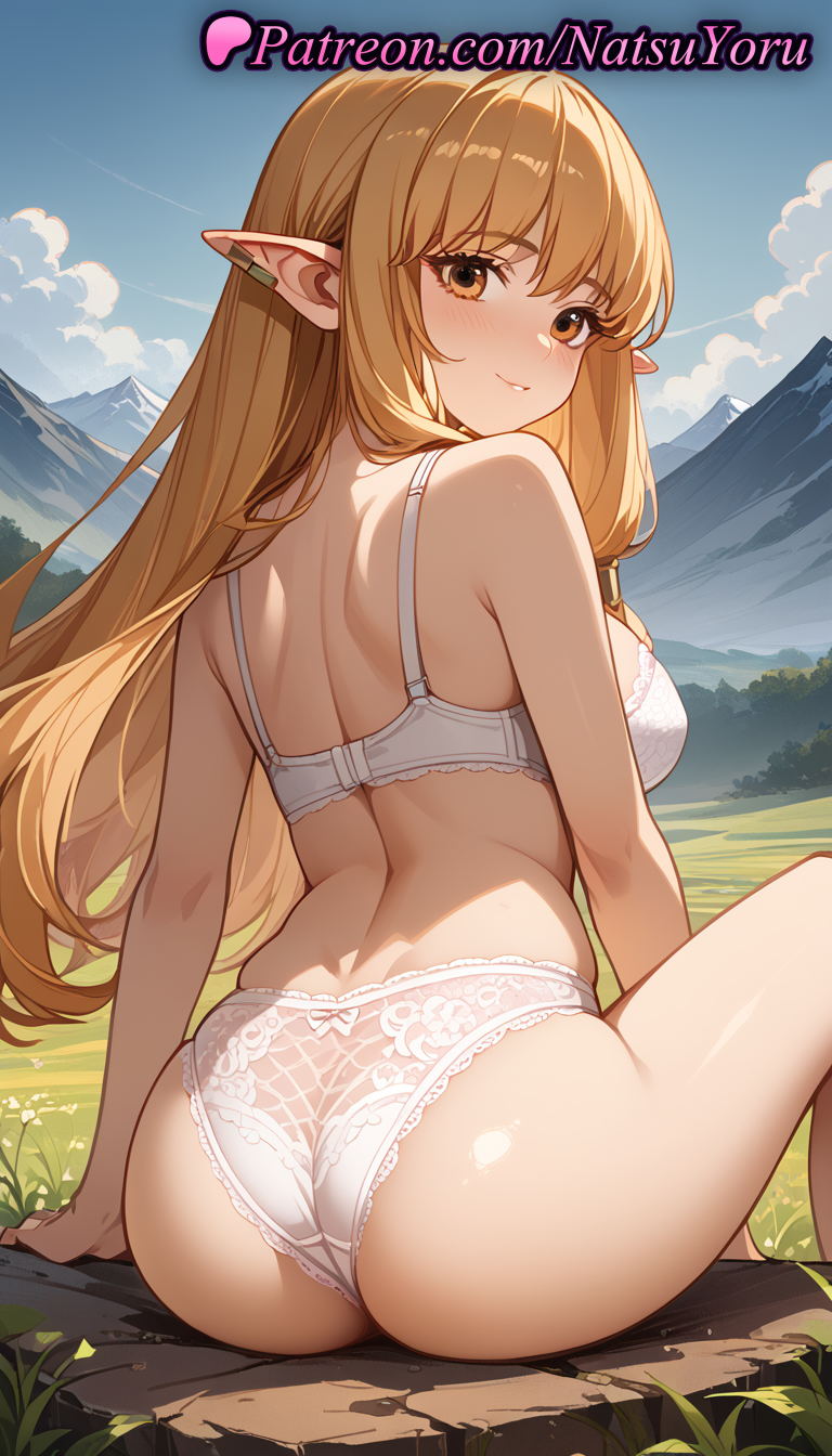 1girl 2025 ai_assisted ai_generated anime anime_style ass back bangs bare_arms bare_shoulders big_ass big_breasts blonde_hair blue_sky blush bra breasts brown_eyes bust closed_mouth cloud day ear_piercing earrings elf elf_ears female_focus female_only female_solo from_behind grass hentai high_quality high_res high_resolution jewelry juicy_butt lace-trimmed_panties lace_trim lingerie long_hair looking_at_viewer looking_back median_furrow medium_breasts mountain mountainous_horizon natsuyoru outside panties parted_lips patreon piercing pointed_ears pointy_ears serie_(sousou_no_frieren) shoulder_blades sidelocks sitting sky smile solo_female sousou_no_frieren stable_diffusion thighs underwear underwear_only voluptuous voluptuous_female white_bra white_panties