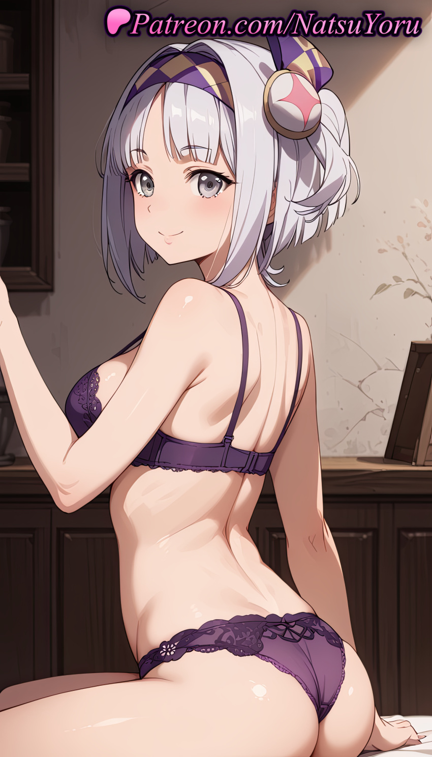 1girl 2025 ai_generated anime anime_style ass back bangs bare_arms bare_shoulders big_breasts blue_hair blush bra breasts bust closed_mouth clothing female_focus female_only female_solo from_behind grey_eyes grey_hair hair_ornament hairband hentai high_quality high_res high_resolution indoors juicy_butt lingerie looking_at_viewer looking_back medium_breasts natsuyoru on_bed panties patreon purple_bra purple_hairband purple_panties s'yne_lokk short_hair side_ponytail sideboob silver_hair sitting smile solo_female stable_diffusion syne_lokk tate_no_yuusha_no_nariagari the_rising_of_the_shield_hero thighs underwear underwear_only voluptuous voluptuous_female white_hair